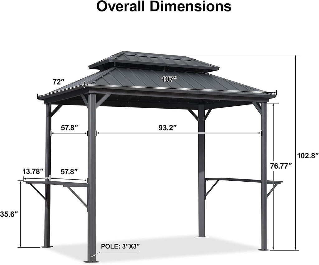 PURPLE LEAF 6' X 9' Hardtop Grill Gazebo Permanent Aluminum Frame Double Metal Roof with Ceiling Hook and Shelves Sun Shade BBQ Canopy for Patio Barbecue Outdoor Kitchen Grey