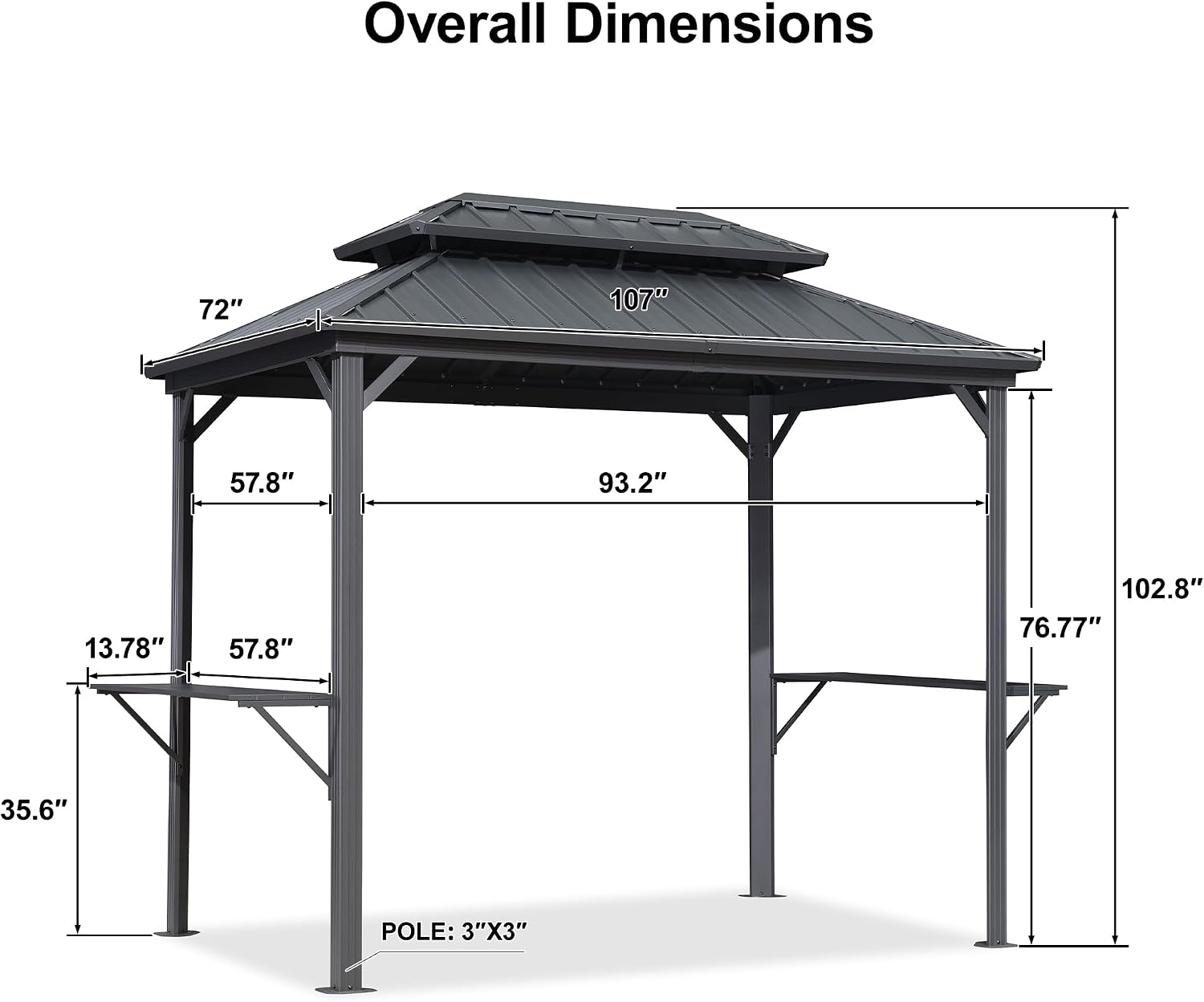 PURPLE LEAF 6' X 9' Hardtop Grill Gazebo Permanent Aluminum Frame Double Metal Roof with Ceiling Hook and Shelves Sun Shade BBQ Canopy for Patio Barbecue Outdoor Kitchen Grey