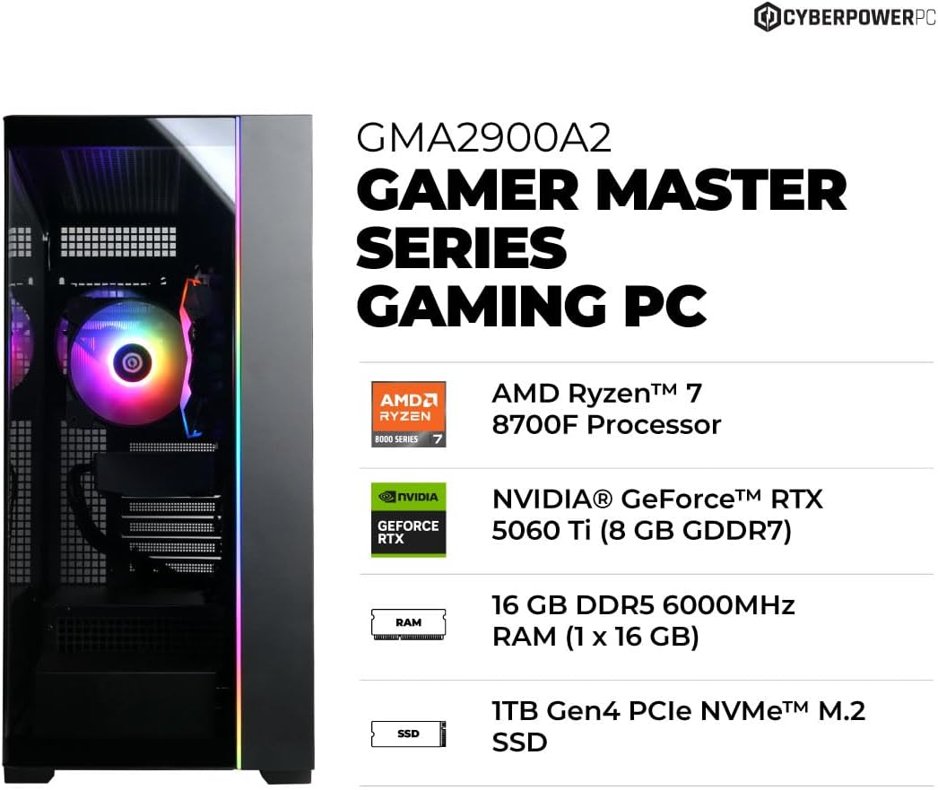 CyberPowerPC Gamer Master Gaming PC, AMD Ryzen 7 8700F 4.1GHz, GeForce RTX 5060 Ti 8GB, 16GB DDR5, 1TB PCIe 4.0 SSD, WiFi Ready & Windows 11 Home (GMA2900A2)