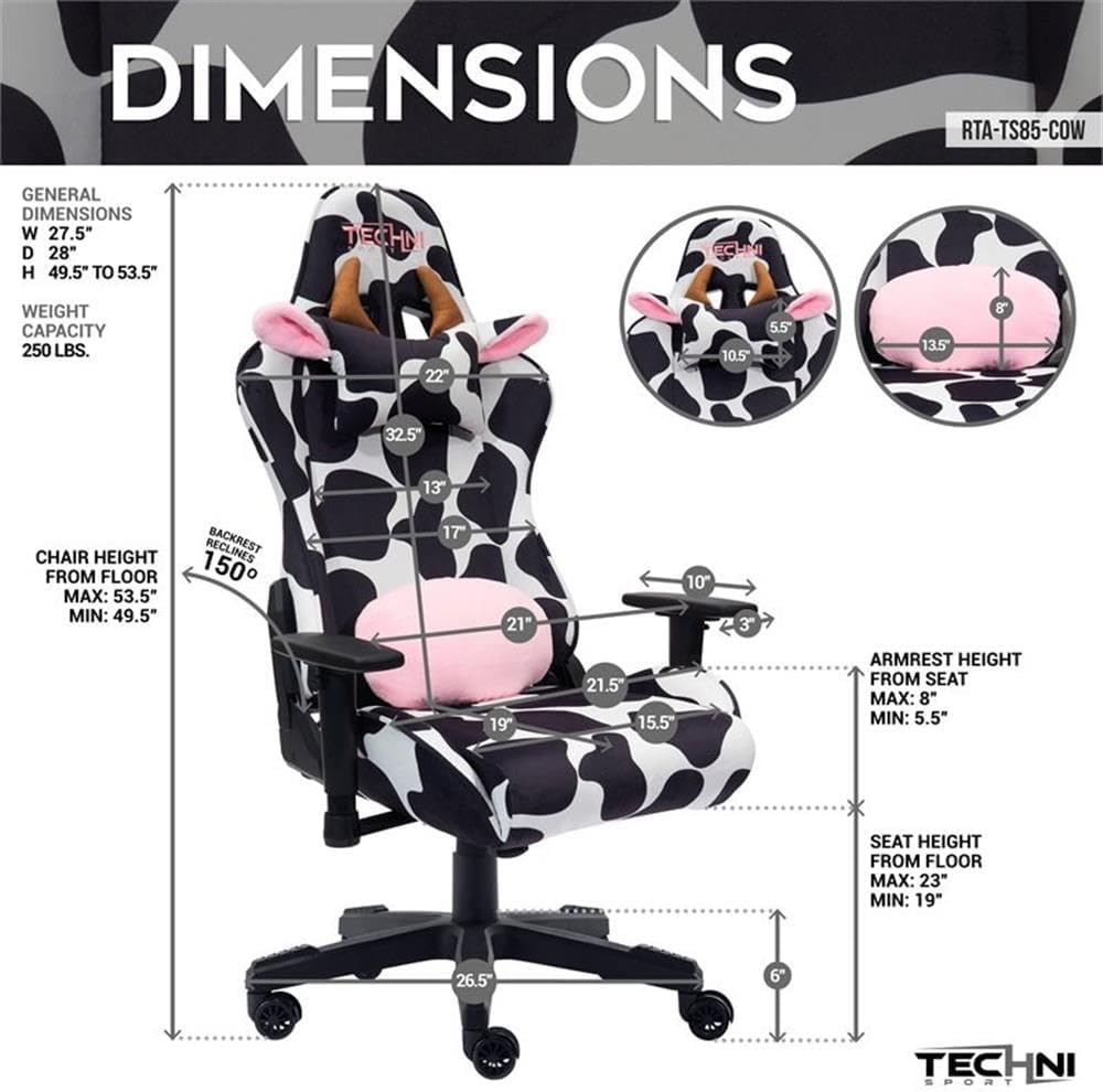 Pemberly Row Modern Gaming Chair, Cow Print Velvet-Like Fabric, Black/White, Adjustable Arms, 150° Recline, Memory Foam Seat, Lumbar Pillow, Durable Nylon Base, 250 lb Capacity, Home or Office Use