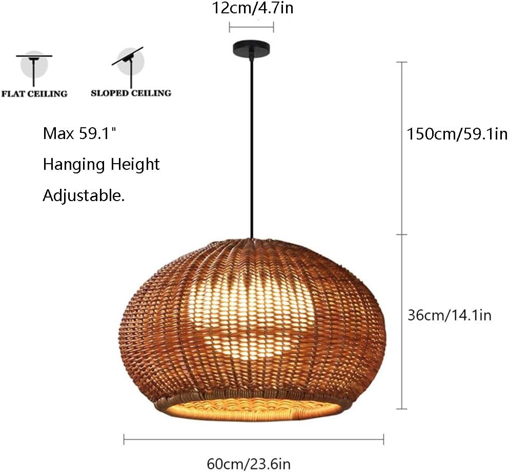 Plastic Rattan Pendant Lamp Shade Wicker Hanging Light Fixture E27 with Adjustable Cord Industrial Vintage Japanese-Style Hanging Lamp Garden Pavilion Farmhouse Restaurant Landscape Light