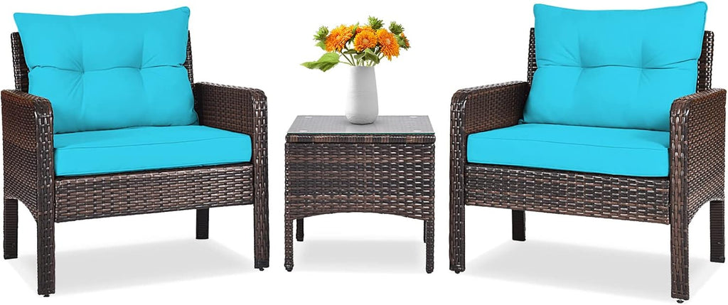 Tangkula 3 Piece Wicker Chairs with Glass Top Coffee Table, Thick Cushions, All Weather Garden Lawn Poolside Backyard Porch Outdoor Patio Furniture Set for 2 (Turquoise)