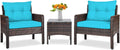 Tangkula 3 Piece Wicker Chairs with Glass Top Coffee Table, Thick Cushions, All Weather Garden Lawn Poolside Backyard Porch Outdoor Patio Furniture Set for 2 (Turquoise)