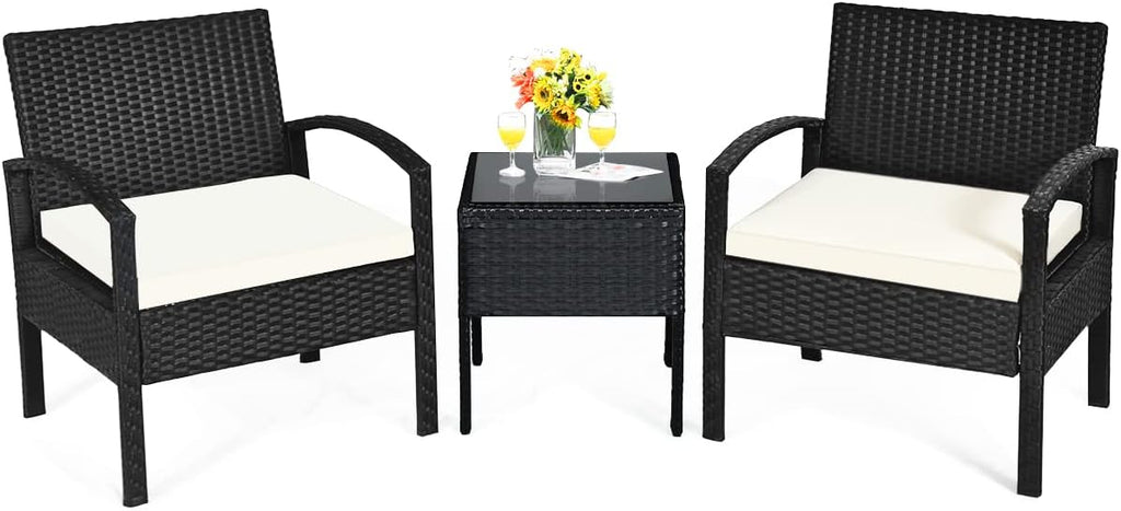 Tangkula 3 Piece Patio Conversation Set, Outdoor Rattan Sofa Set with White Seat Cushions & Coffee Table, Patio Wicker Furniture Set for Garden Balcony Backyard Poolside (Black)