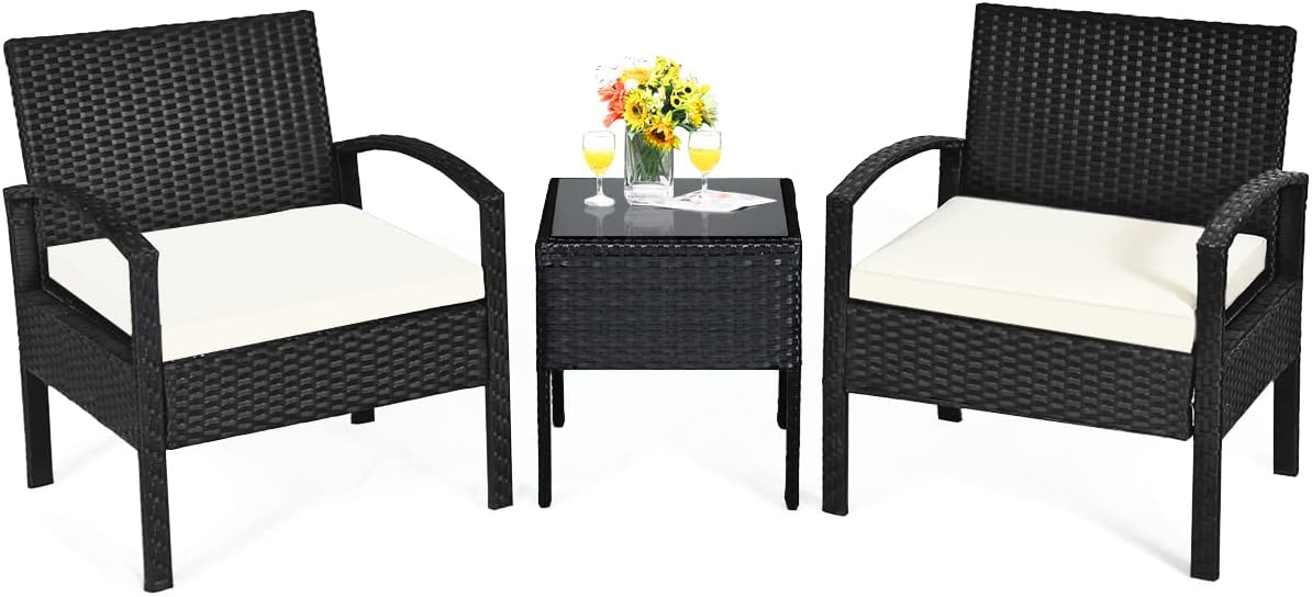 Tangkula 3 Piece Patio Conversation Set, Outdoor Rattan Sofa Set with White Seat Cushions & Coffee Table, Patio Wicker Furniture Set for Garden Balcony Backyard Poolside (Black)