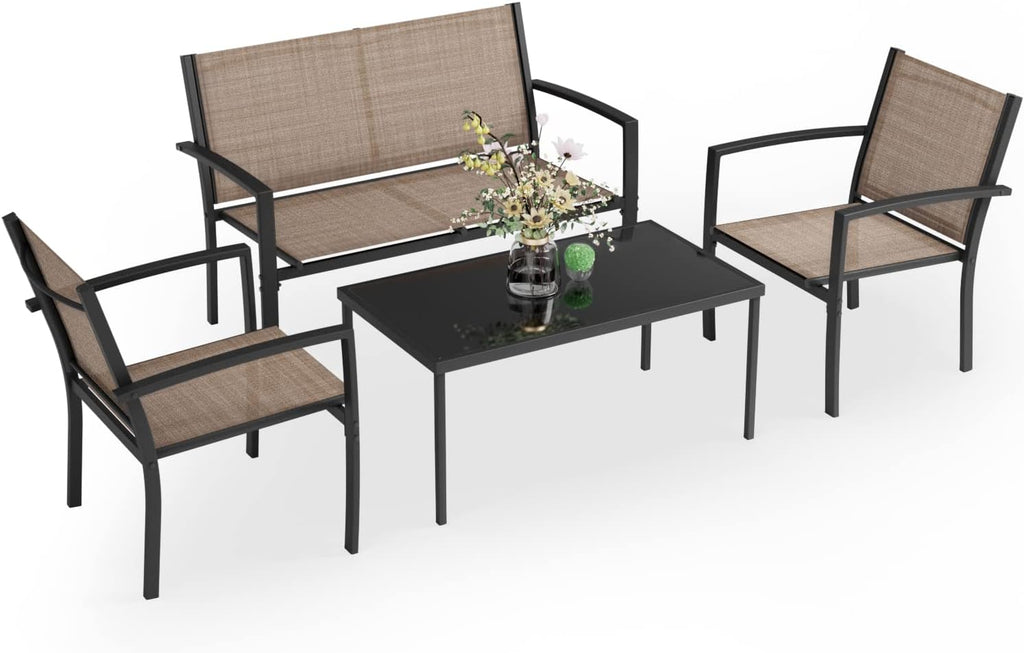 Greesum GS-LCT4PCSBN 4 Pieces Patio Furniture Set Outdoor Conversation Textilene Fabric Chairs for Lawn, Garden, Balcony, Poolside with A Glass Coffee Table, Brown