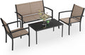 Greesum GS-LCT4PCSBN 4 Pieces Patio Furniture Set Outdoor Conversation Textilene Fabric Chairs for Lawn, Garden, Balcony, Poolside with A Glass Coffee Table, Brown