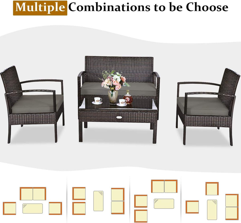 COSTWAY Outdoor Patio Furniture Set 4 Pieces, Wicker Conversation Set with Tempered Glass Topped Table, Seat Cushions, Rattan Chair Wicker Sofa for Backyard Balcony Porch Poolside
