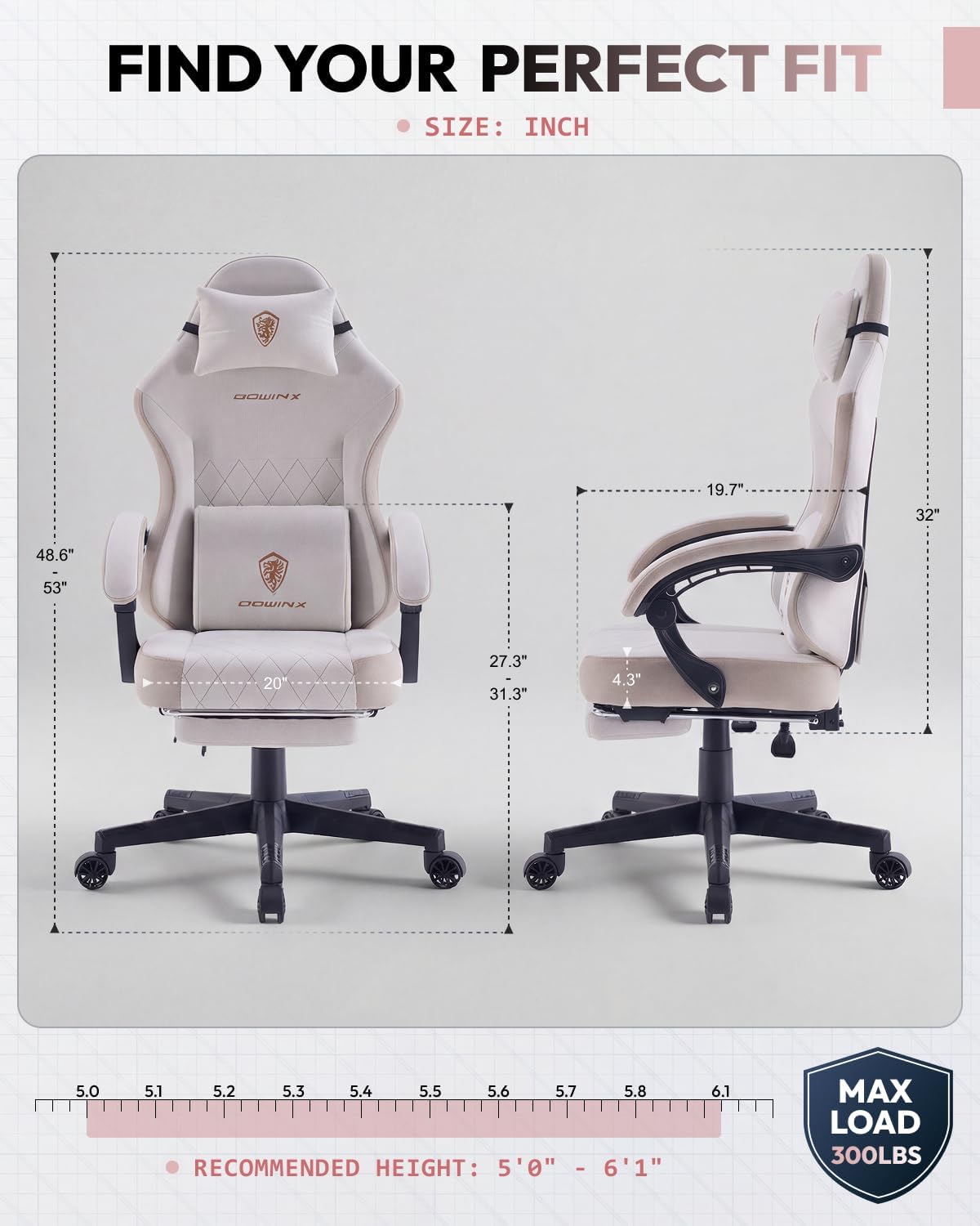 Dowinx Gaming Chair, Fabric Gaming Chairs for Adults with Pocket Spring Cushions and Lumbar Support, Ergonomic Massage Computer Chair with Footrest for Big and Tall, Beige