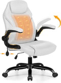 Ylzyxal Office Desk Chair, Ergonomic Computer Chair with Padded Flip-Up Arms and Adjustable Lumbar Support, PU Leather Executive Chair with Tilt Lock and 360° Swivel Rolling Wheels for Work, Study