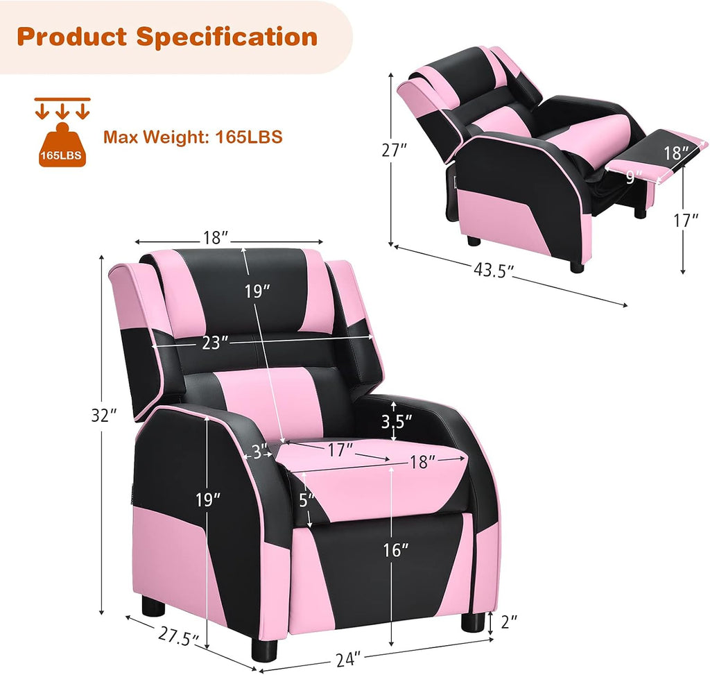 Giantex Kids Recliner, Gaming Recliner Chair with Footrest, Headrest & Lumbar Support, Ergonomic Leather Lounge Chair Toddler Furniture, Adjustable Racing Style Recliner Sofa for Boys Girls, Pink