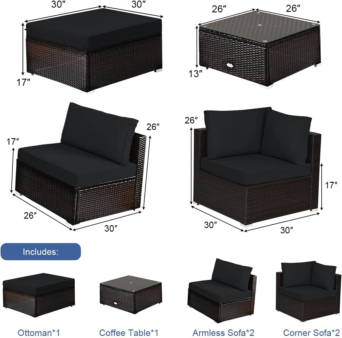 Tangkula 6 Piece Patio Furniture Set, Outdoor Deck Lawn Backyard Durable Steel Frame PE Rattan Wicker Sectional Sofa Set, Conversation Set with Coffee Table (Black)