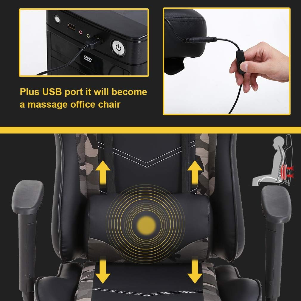 Gaming Chair Racing Office Chair Ergonomic Desk Chair Massage PU Leather Recliner PC Computer Chair with Lumbar Support Headrest Armrest Footrest Rolling Swivel Task Chair for Women Adults, Camo