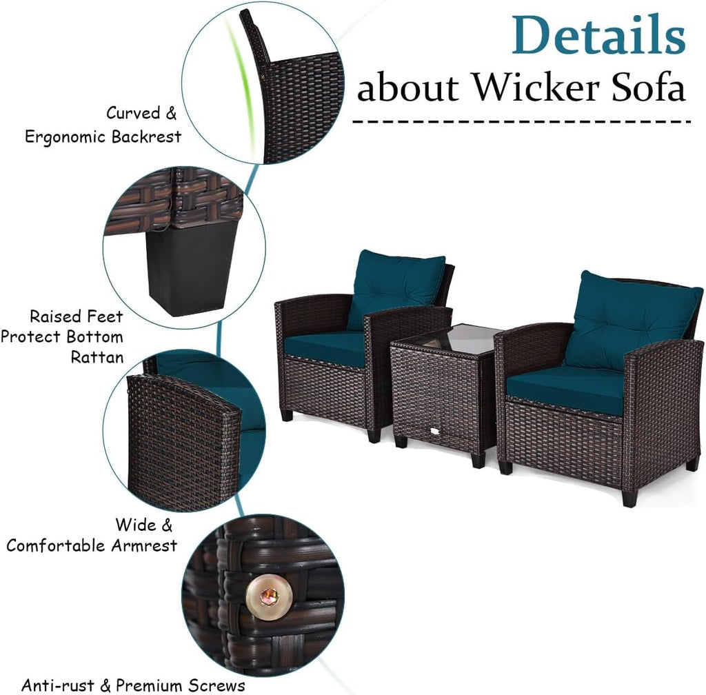COSTWAY 3PCS Patio Furniture Set, PE Rattan Wicker Sofa w/Washable Cushion and Coffee Table, Tempered Glass Tabletop, Outdoor Conversation Set for Balcony, Porch, Yard, Backyard, Lawn (Blue)