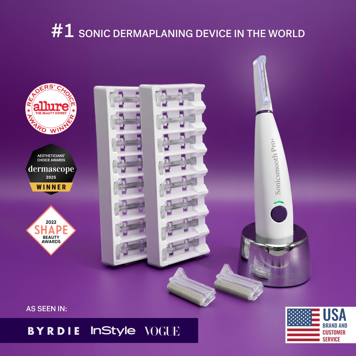 Michael Todd Beauty Sonicsmooth Pro+ Dermaplane Razor for Women Face + Eyebrow Trimmer Dermaplaning System w/LED Light Peach Fuzz Remover -16 Dermaplaning Blades & 2 Microsmooth Exfoliation Tips