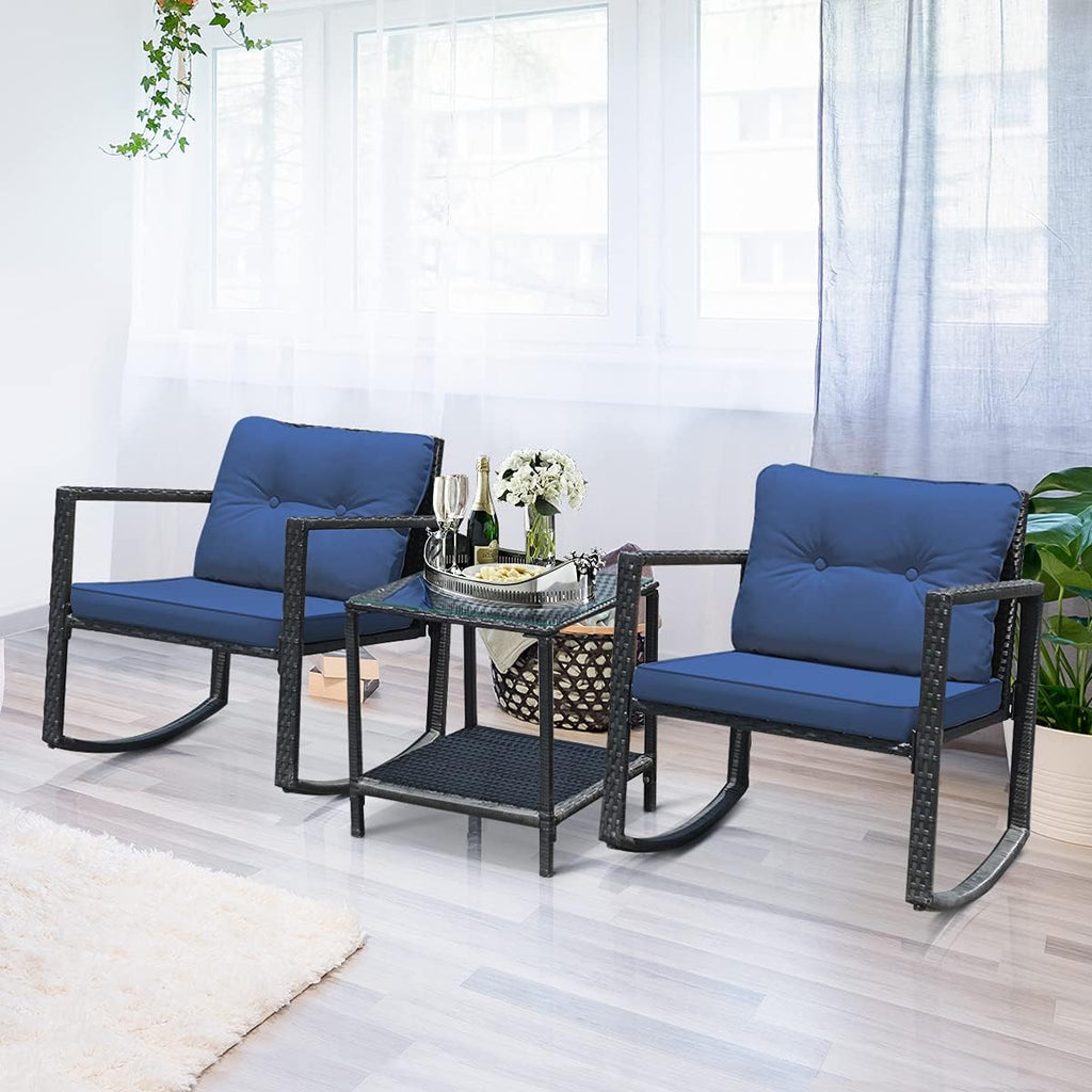 COSTWAY 3 Pieces Patio Rattan Rocking Chair Set, Outdoor Conversation Furniture Sets with Coffee Table, Storage Shelf and Cushions, Modern Bistro Set for Porch, Backyard, Garden, Navy