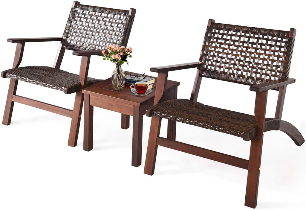 Tangkula 3 Pieces Patio Conversation Set, Solid Eucalyptus Wood Frame Outdoor Wicker Furniture Set Bistro Set with Coffee Table, Rattan Furniture Set for Backyard Porch Garden Poolside Balcony (Brown)