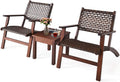 Tangkula 3 Pieces Patio Conversation Set, Solid Eucalyptus Wood Frame Outdoor Wicker Furniture Set Bistro Set with Coffee Table, Rattan Furniture Set for Backyard Porch Garden Poolside Balcony (Brown)
