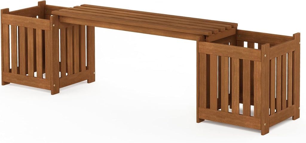 Furinno TIOMAN Planter Box with Bench, Hardwood Flower Box with Seat, Cube Garden Box, in Teak Oil, Outdoor Indoor, Garden, Patio, Balcony, Light Wood