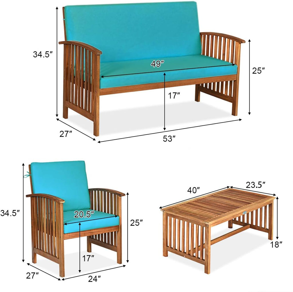 Tangkula Outdoor 4 PCS Acacia Wood Sofa Set w/Water Resistant Cushions, Padded Patio Seating Chat Set w/Coffee Table for Garden, Backyard, Poolside (1, Turquoise)