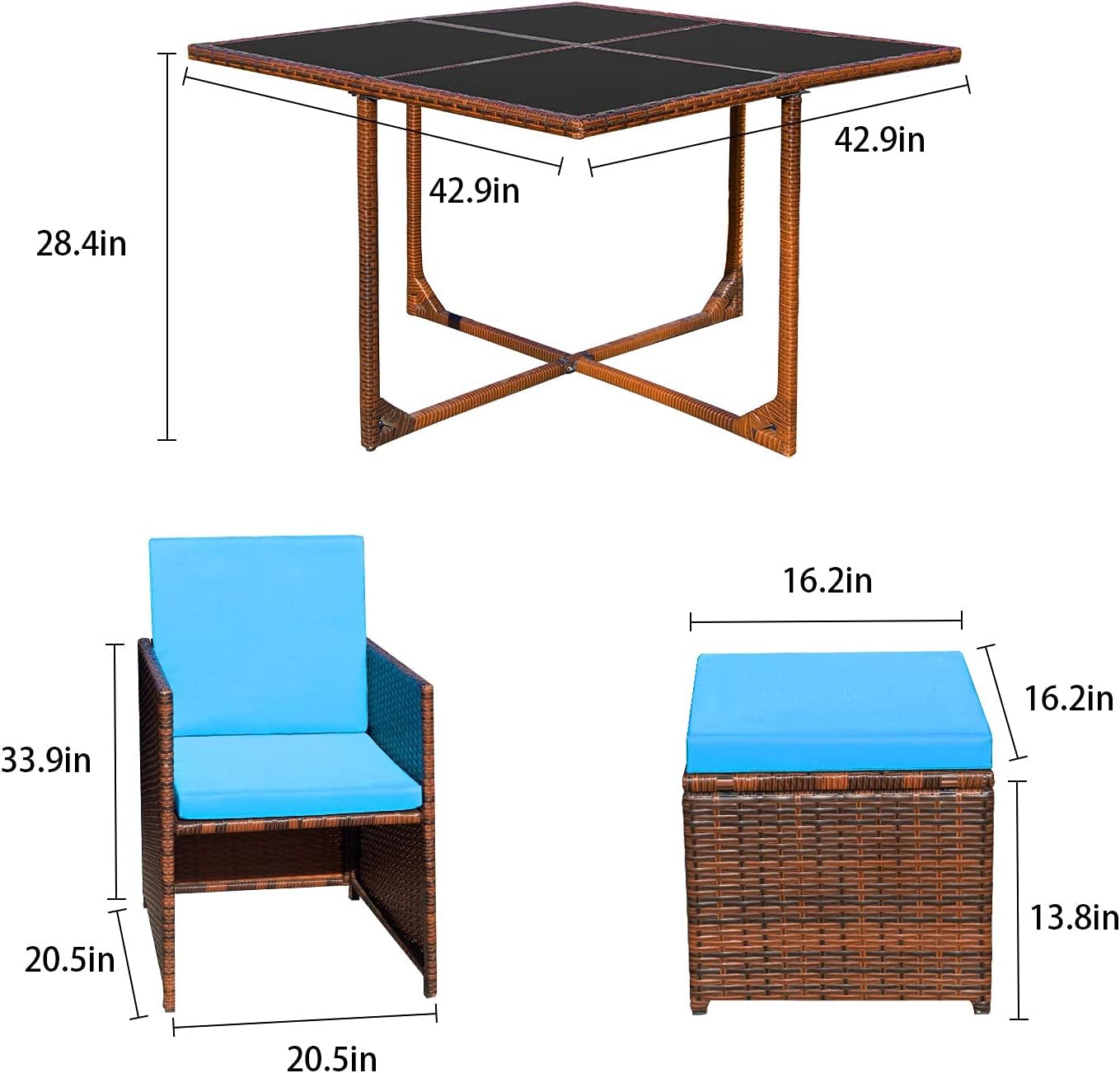 Devoko 9 Pieces Patio Dining Sets Outdoor Space Saving Rattan Chairs with Glass Table Patio Furniture Sets Cushioned Seating and Back Sectional Conversation Set (Blue)