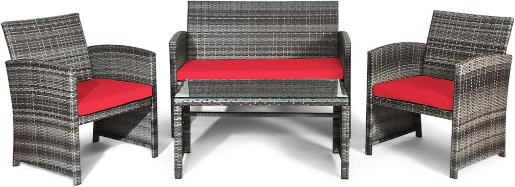 Giantex 4 Pc Patio Conversation Set, Rattan Loveseat & Patio Chairs with Cushioned Seat, Wicker Coffee Table, Outdoor Furniture Set for Front Porch Poolside Garden Lawn