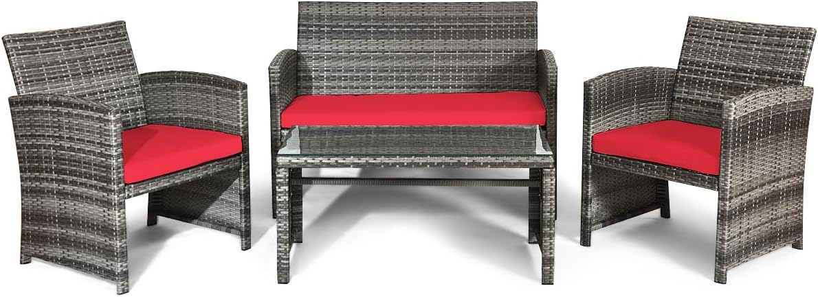 Giantex 4 Pc Patio Conversation Set, Rattan Loveseat & Patio Chairs with Cushioned Seat, Wicker Coffee Table, Outdoor Furniture Set for Front Porch Poolside Garden Lawn