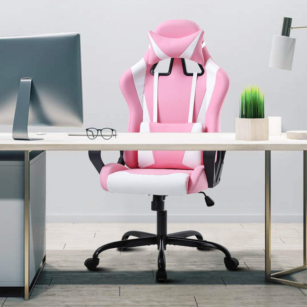 PC Gaming Chair Office Chair Racing Desk Chair with Lumbar Support Arms Headrest Massage High Back PU Leather Ergonomic Computer Chair Rolling Adjustable Swivel Chair for Women Men Adult, Pink