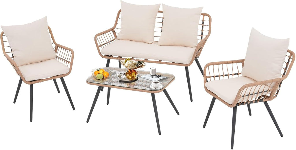 Verano Garden 4 Pieces Patio Furniture Set, Outdoor Wicker Patio Conversation Set for Porch Deck, Boho Loveseat & 2 Armchairs with Cushion and Pillow, Tempered Glass Table