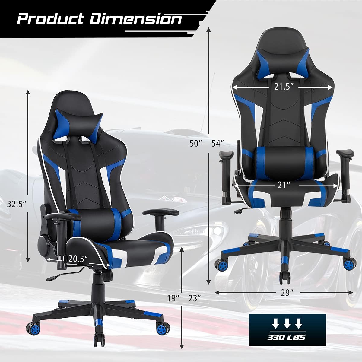 GYMAX Gaming Chair, Massage Gaming Chairs for Adults with Headrest, Lumbar Support & Armrest, Video Computer Reclining Gaming Chair, Office Desk Gamer Task Chair (Blue)