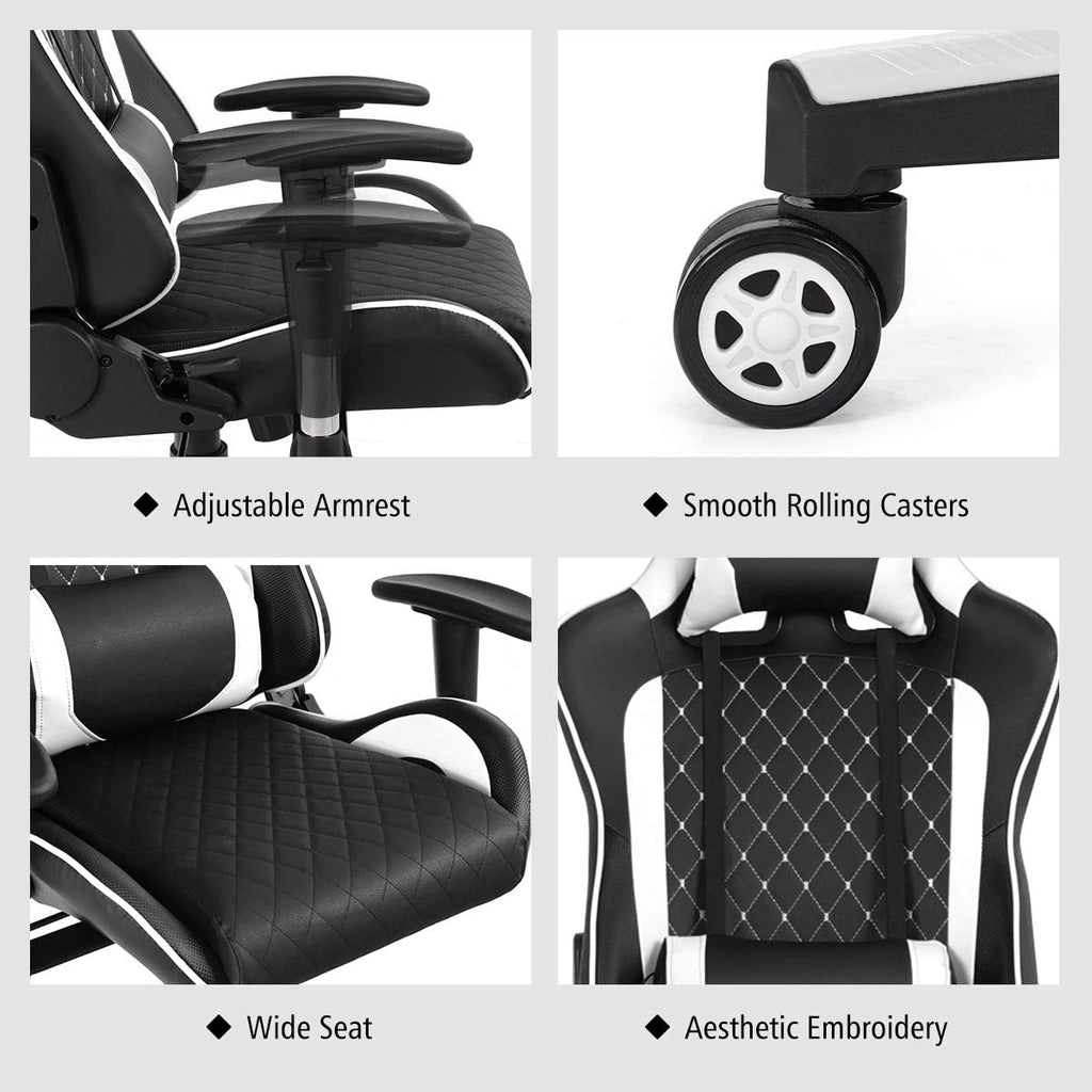 Goplus Massage Gaming Chair, Reclining Backrest Handrails and Seat Height Adjustment Racing Computer Office Chair, Ergonomic High Back Embroidered PU Swivel Game Chair with Headrest and Lumbar Cushion