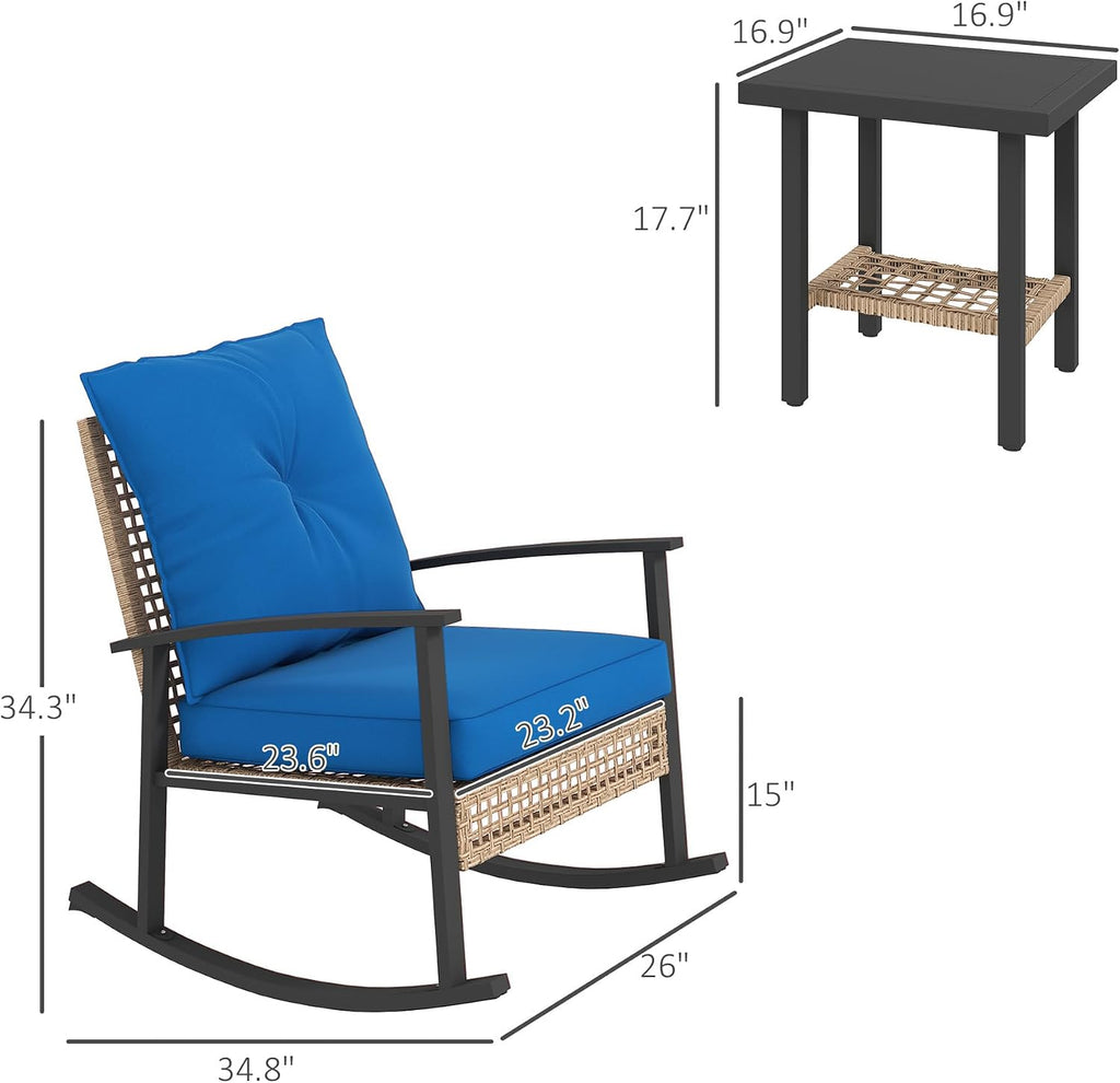 Outsunny 3 Pieces Rocking Wicker Outdoor Bistro Set, Rattan Patio Furniture Set with Coffee Table and Porch Chairs, Button Tufted Cushions for Backyard, Balcony, Garden, Dark Blue