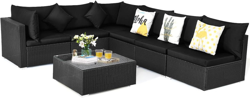 COSTWAY 7 Pieces Patio Furniture Set, Outdoor Rattan Conversation Set with 6 Seats, Coffee Tea Table, Soft Cushions, Wicker Patio Sectional Sofa for Garden Balcony Porch Poolside, Black