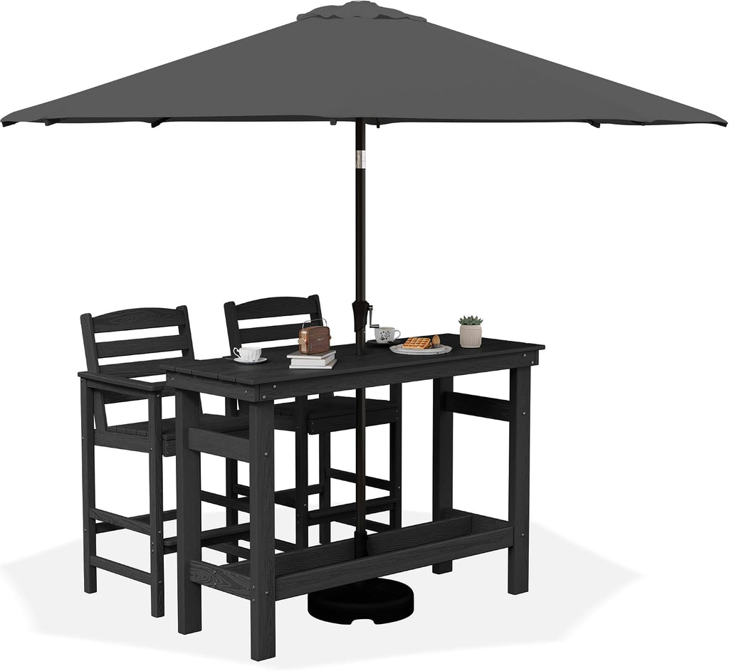 SERWALL Outdoor Bar Set with 9ft Umbrella, All-Weather HDPE Patio Bar Chairs and Table, Outdoor Furniture Set, Black (Umbreall Base not Included)