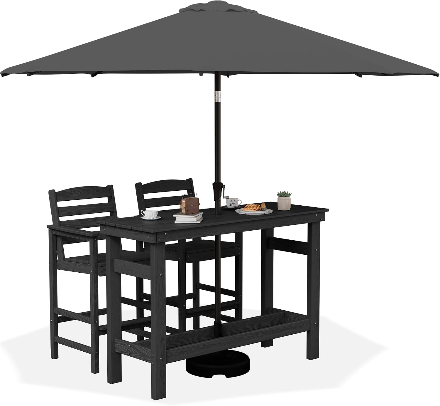 SERWALL Outdoor Bar Set with 9ft Umbrella, All-Weather HDPE Patio Bar Chairs and Table, Outdoor Furniture Set, Black (Umbreall Base not Included)