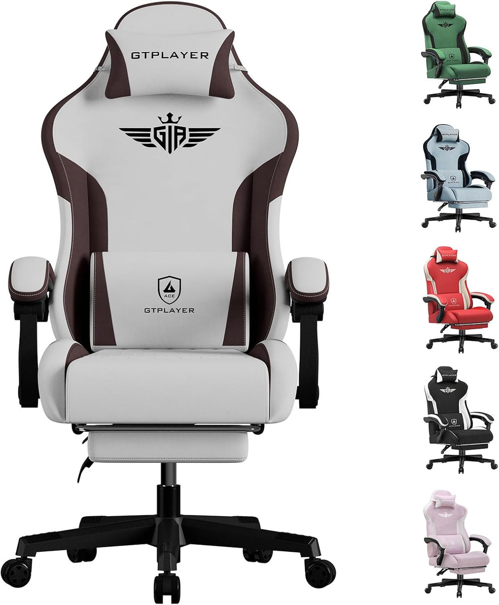 GTPLAYER Gaming Chair, Computer Office Chair Lumbar Support, Linkage Armrests and Footrest, Ergonomic Game Chair for Adults with Extended Backrest, Fabric, Brown