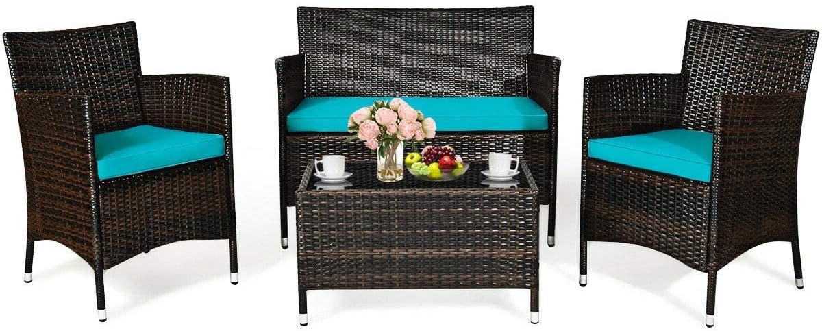 HAPPYGRILL 4-Piece Patio Furniture Set Rattan Wicker Conversation Set with Cushioned Sofa and Coffee Table for Outdoor Backyard Garden Poolside