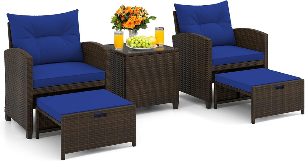 KOTEK 5 Pieces Patio Furniture Set with Ottomans, Wicker Patio Conversation Set with Coffee Table & Cushions, PE Rattan Outdoor Lounge Chairs for Backyard, Porch, Poolside (Mix Brown- Navy)