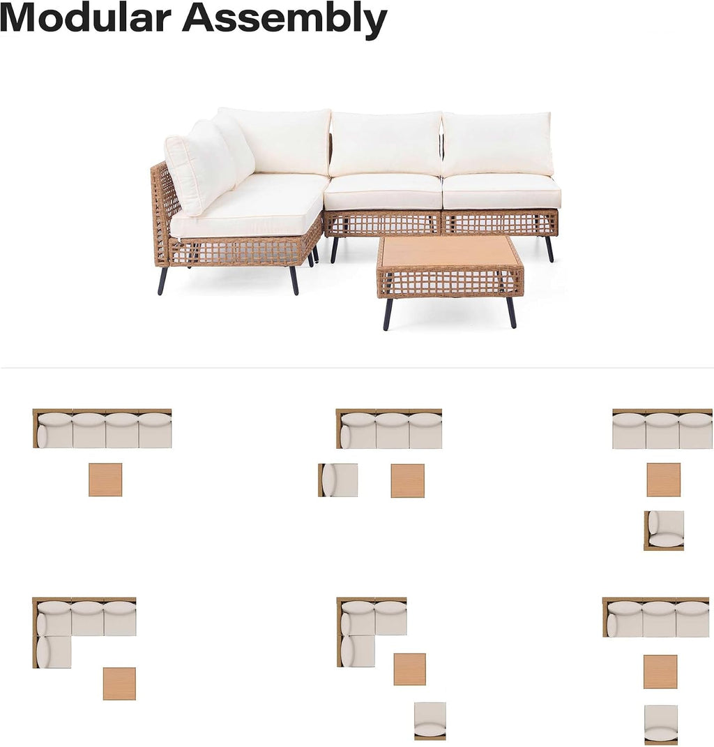 LAUSAINT HOME 5 Pieces Outdoor Sectional Sofa Set, All-Weather PE Wicker Rattan Patio Conversation Set with Thick Cushions & Coffee Table, Patio Furniture Set for Garden, Backyard, Porch (Beige)