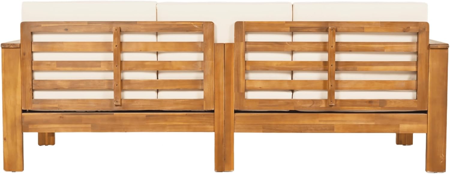 Christopher Knight Home Havets 3 Pieces Outdoor Acacia Furniture Set, Slat Panel Couch, Spacious Seating Armchair, 6' Thick Cushions Sofa and Coffee Table Set for Backyard Garden Balcony, Teak+Beige