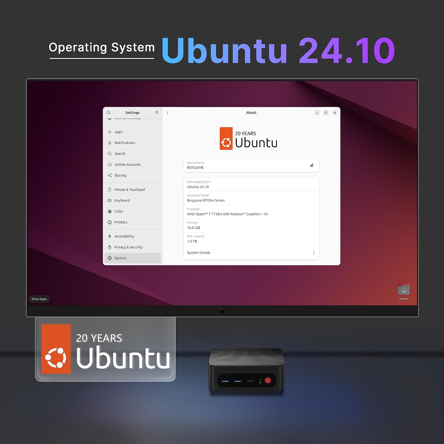 BOSGAME P4 Ultra Linux Mini PC, AMD Ryzen 7 7730U 16GB DDR4, 1TB PCIe SSD, Dual LAN 2.5G & Wi-Fi 6E & BT5.2, 4K Triple Display, Ubuntu Desktop Computers for Office