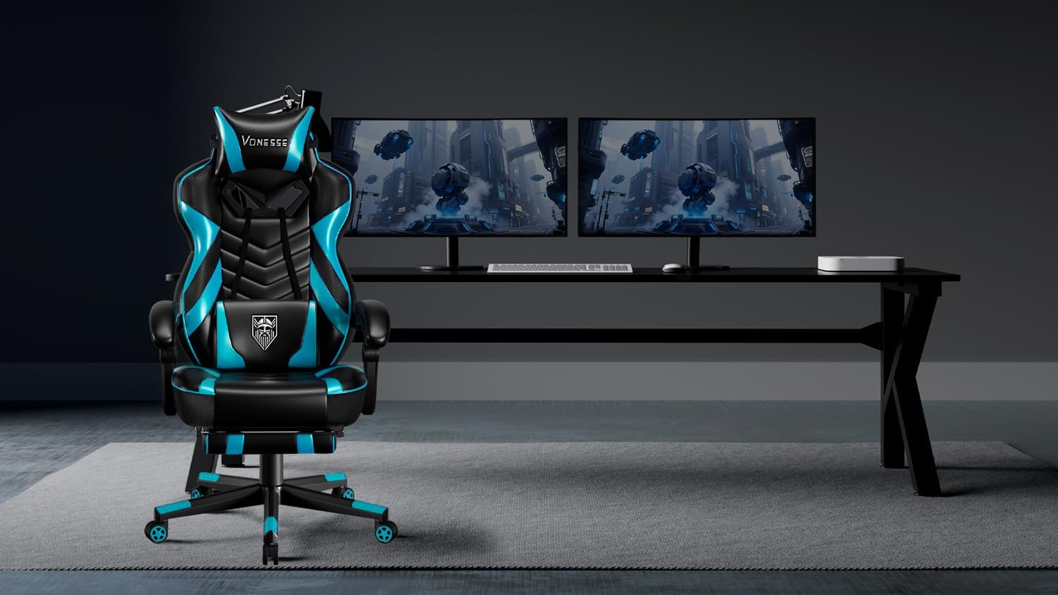 Vonesse Gaming Chair, Big and Tall Gaming Chair with Footrest and Massage, Gaming Chairs for Adults with Lumbar Support, Ergonomic High Back Computer Chair with Pocket Spring Cushion (Cyan/Black)