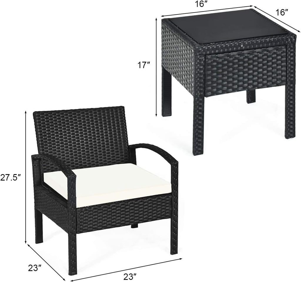 Tangkula 3 Piece Patio Conversation Set, Outdoor Rattan Sofa Set with White Seat Cushions & Coffee Table, Patio Wicker Furniture Set for Garden Balcony Backyard Poolside (Black)