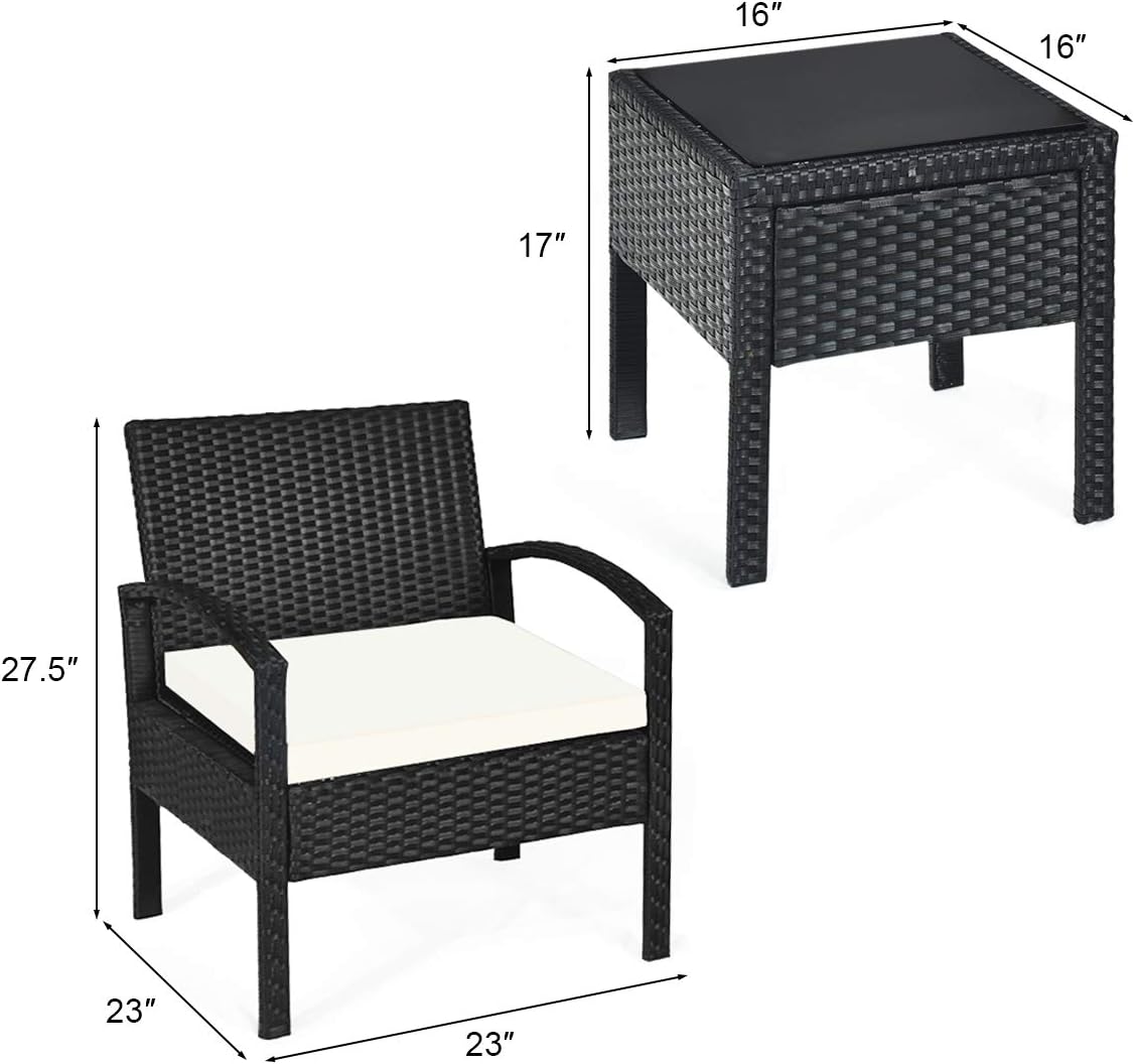 Tangkula 3 Piece Patio Conversation Set, Outdoor Rattan Sofa Set with White Seat Cushions & Coffee Table, Patio Wicker Furniture Set for Garden Balcony Backyard Poolside (Black)