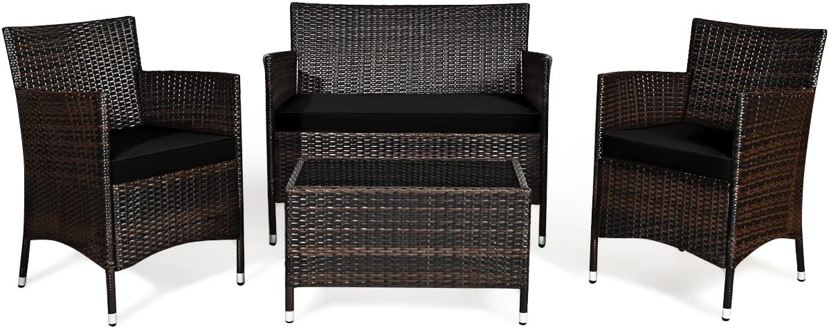 HAPPYGRILL 4 Pieces Patio Sofa Set Rattan Wicker Furniture Patio Conversation Set with Cushioned Sofa and Coffee Table for Outdoor Backyard Garden Poolside