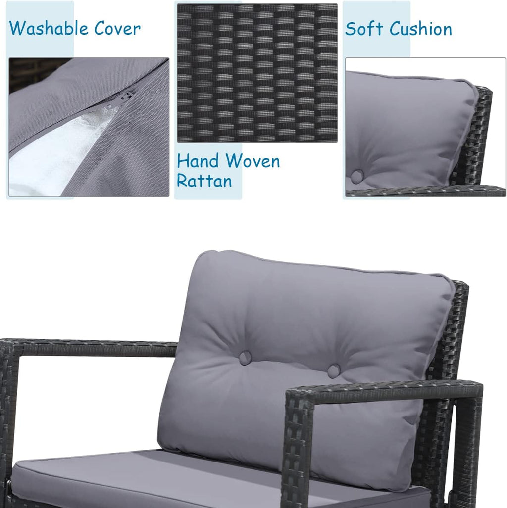 COSTWAY 3 Pieces Patio Rattan Rocking Chair Set, Outdoor Conversation Furniture Sets with Coffee Table, Storage Shelf and Cushions, Modern Bistro Set for Porch, Backyard, Garden, Gray