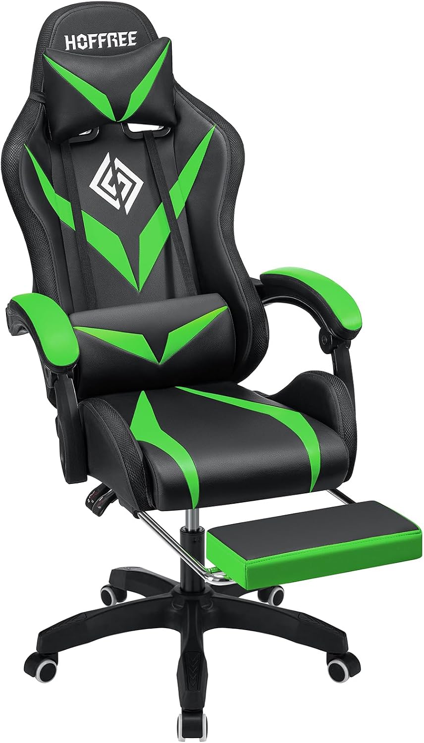 HOFFREE RGB Gaming Chair with Speakers and Massage Ergonomic Computer Chair with Lights and Footrest Reclining Video Game Chairs for Adults Green and Black