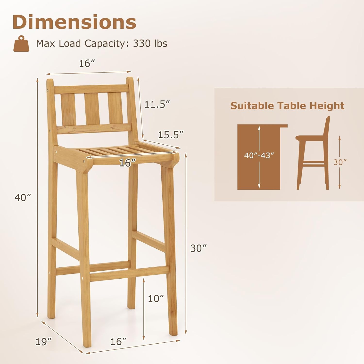 Tangkula Teak Wood Bar Stool, 30' Bar Chair with Footrest & Backrest, Wooden Bar Height Chair, Patio Furniture for Deck, Poolside & Garden, Natural (1)