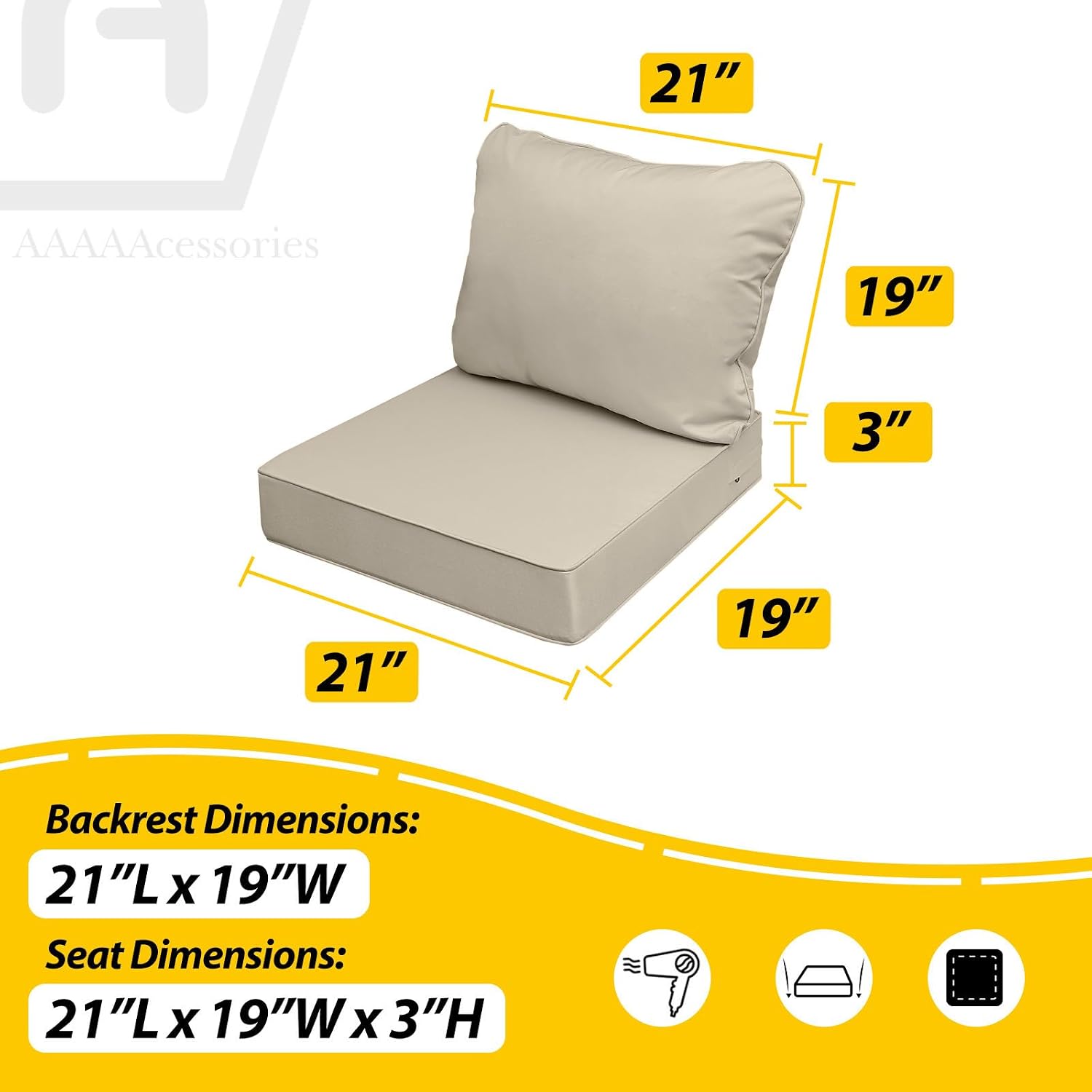 AAAAAcessories Outdoor Seat Cushions for Chairs, Fade-Resistant, Waterproof Patio Furniture Replacement Cushions, 21' x 19' x 3' + 21' x 19', Set of 4, Beige