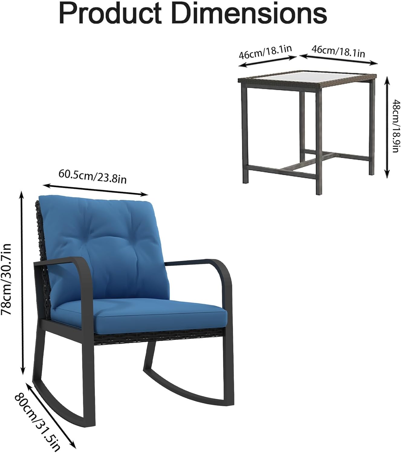 3 Piece Rocking Bistro Patio Set, Outdoor Rocking Chair, Outdoor Bistro Sets Wicker Patio Furniture Rocking Chairs Sectional Couch with Tempered Glass Top Coffee Table & Cushions, Dark Blue